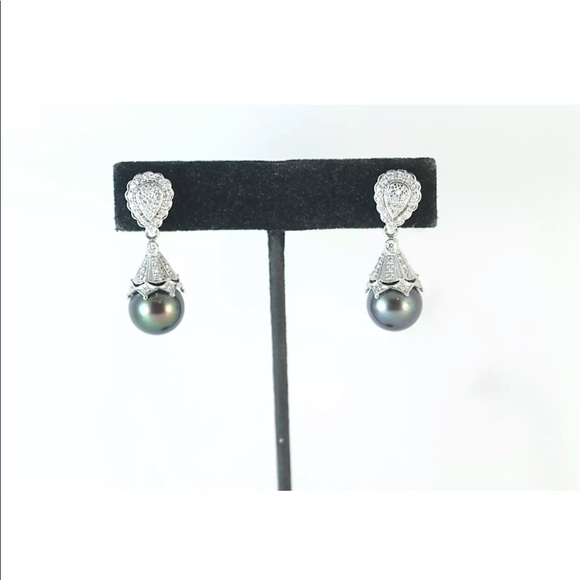 TAHITIAN  PEARL & DIAMONDS WHITE GOLD EARRINGS - Picture 5 of 5